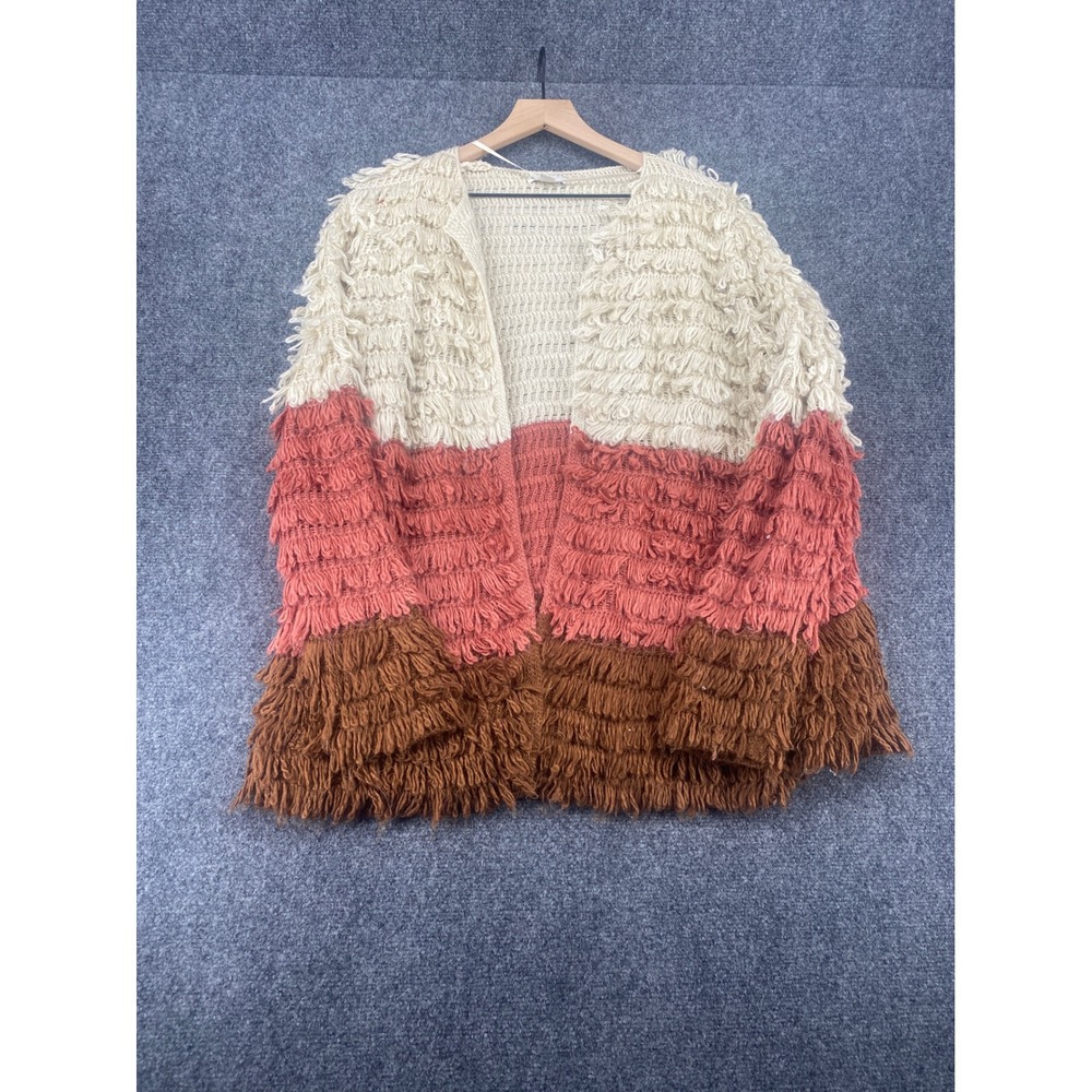 C. EST. 1946 Shaggy Fringe Cardigan Sweater Womens 18/20W Multi Color Block Open